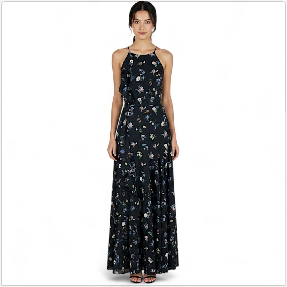 Fame and Partners Black Valentina Floral Ruffle Evening Gown Dress NWT New 2 4